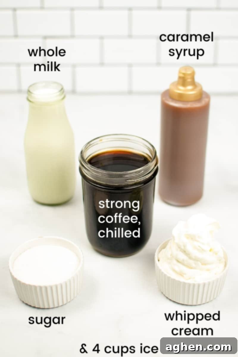 Frosted Caramel Delight 3 glass jar of whole milk, bottle of caramel syrup, jar of chilled strong coffee, bowl of granulated sugar, and bowl of whipped cream