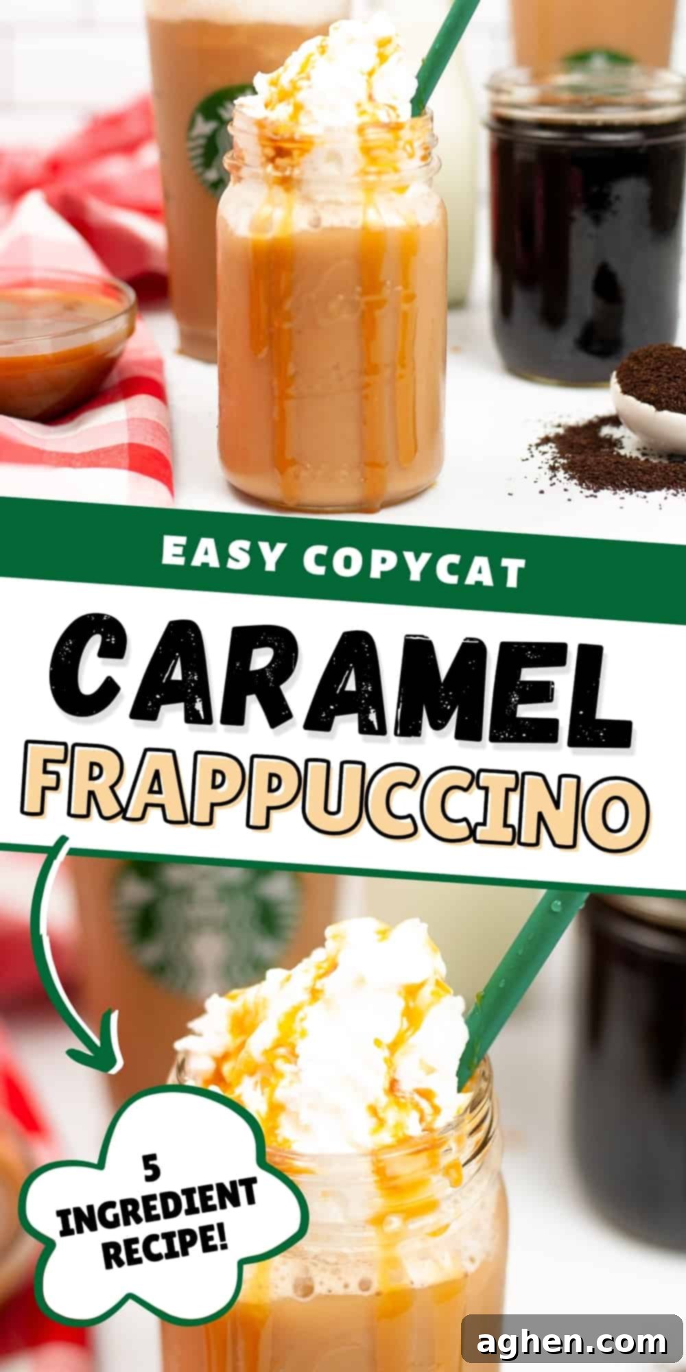 Frosted Caramel Delight 8 Pinterest Image, reads: Easy copycat Caramel Frappuccino, 5 ingredient recipe
