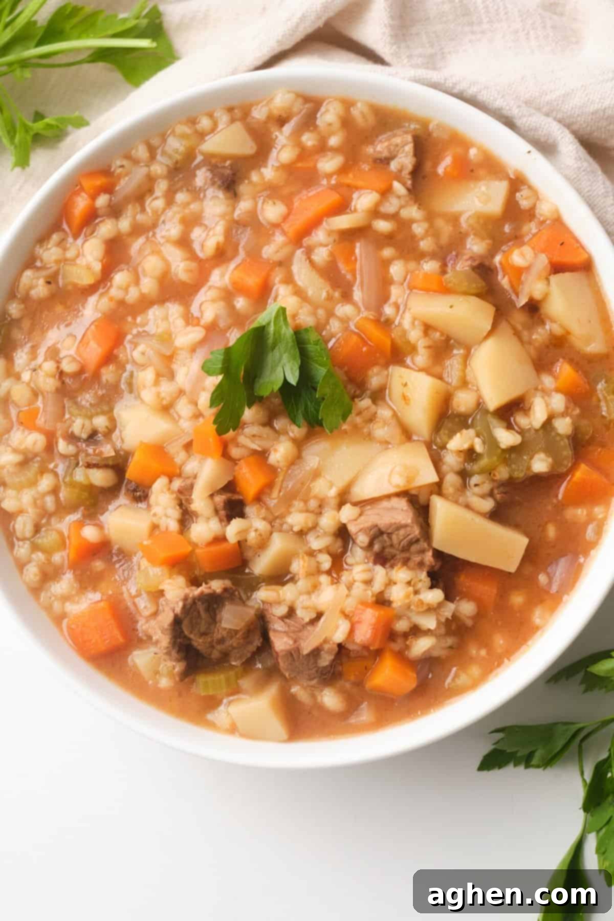ww Beef and barley soup in white bowl