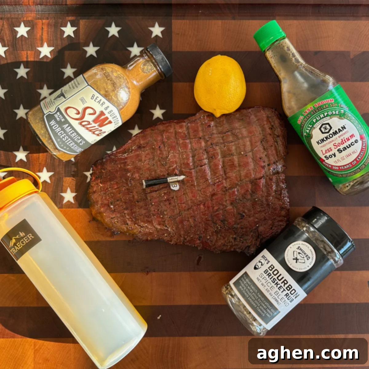 Perfectly smoked marinated flank steak resting on a cutting board, ready to be sliced.