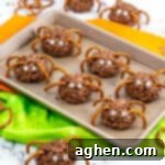 Frightfully Delicious Spider Bites 12 Chocolate rice krispies spider treats with pretzel legs and candy eyes, perfect for a Halloween party, against a dark background.