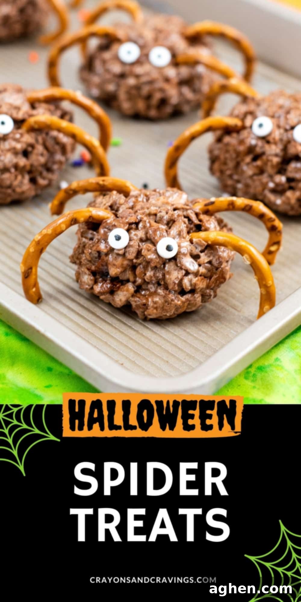 Frightfully Delicious Spider Bites 13 Pinterest image with text overlay: 'Halloween Spider Treats'. Features chocolate Rice Krispie Treat Spiders with candy eyes and pretzel legs on a dark background.