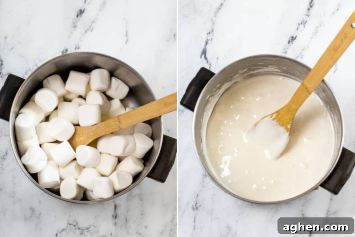 Frightfully Delicious Spider Bites 5 A two-image collage: on the left, a pot with full-size marshmallows and a wooden spoon; on the right, melted marshmallow mixture in the pot, ready for cereal.