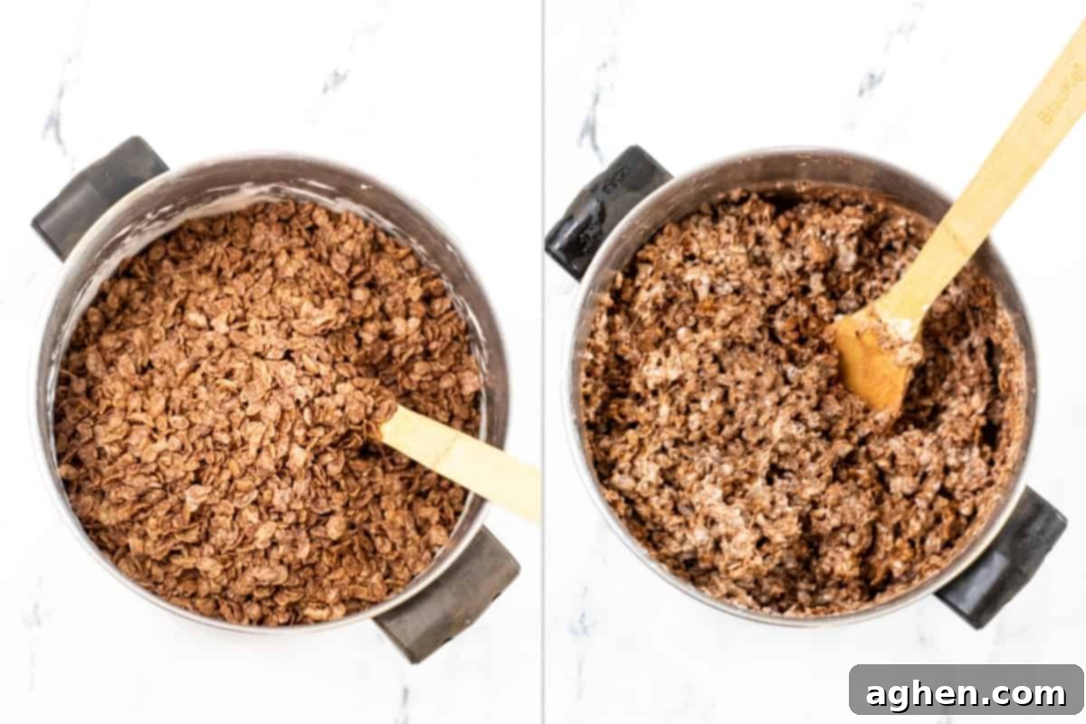 Frightfully Delicious Spider Bites 6 A two-image collage: On the left, Cocoa Krispies cereal in a pot with a wooden spoon; on the right, Cocoa Krispies cereal coated in marshmallow mixture in the pot, after stirring.