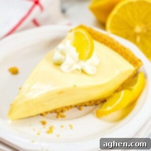 Zesty Lemon Icebox Pie 9 Lemon Icebox Pie slice on white plate, topped with whipped cream and lemon slice