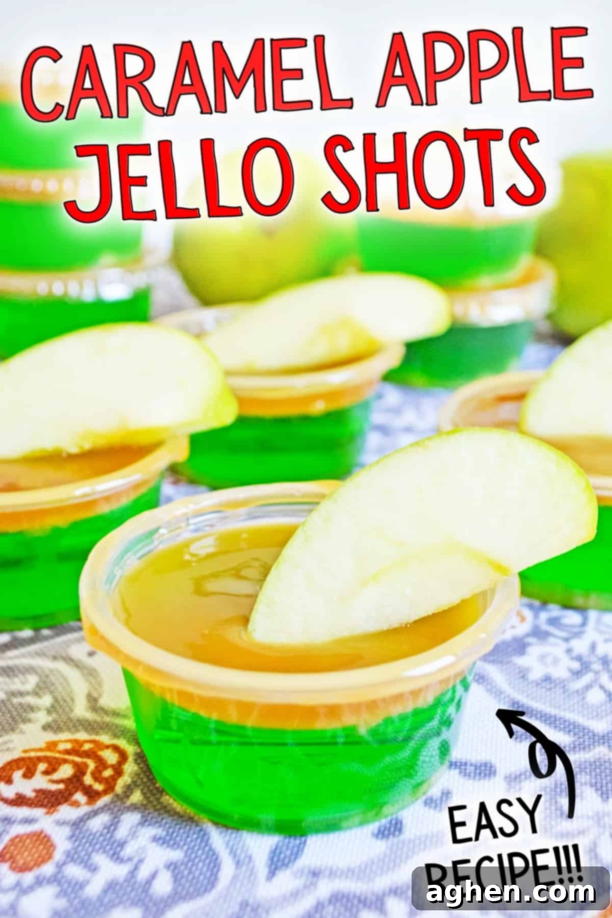 Pinterest image, reads: Caramel Apple Jello Shots, Easy Recipe!