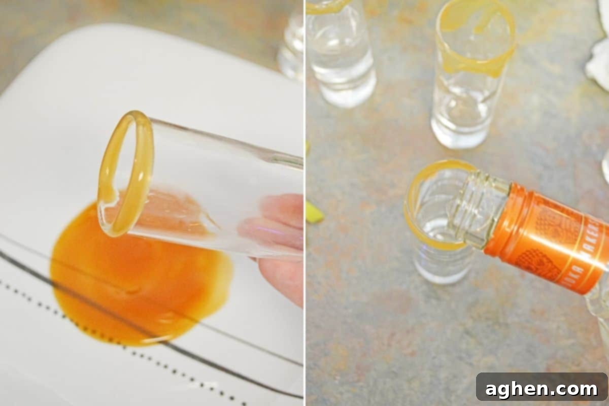 Decadent Caramel Apple Shots 3 Two image collage showing the process of making caramel apple shots. On the left, a shot glass is dipped into caramel sauce. On the right, caramel vodka is poured into a rimmed shot glass.