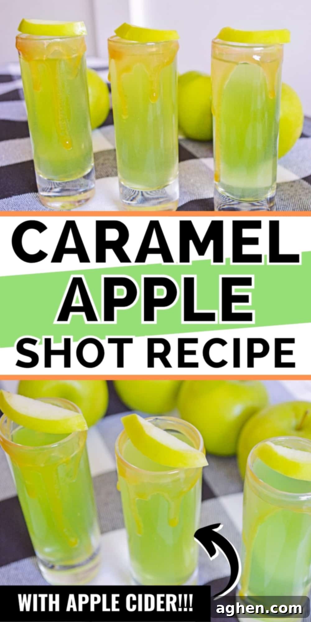 Decadent Caramel Apple Shots 7 Pinterest image: Caramel Apple Shot Recipe, with apple cider and caramel vodka.