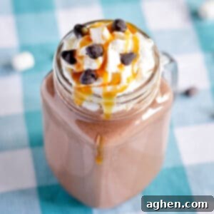 Boozy hot chocolate with caramel vodka, whipped cream, caramel sauce, and chocolate chips.