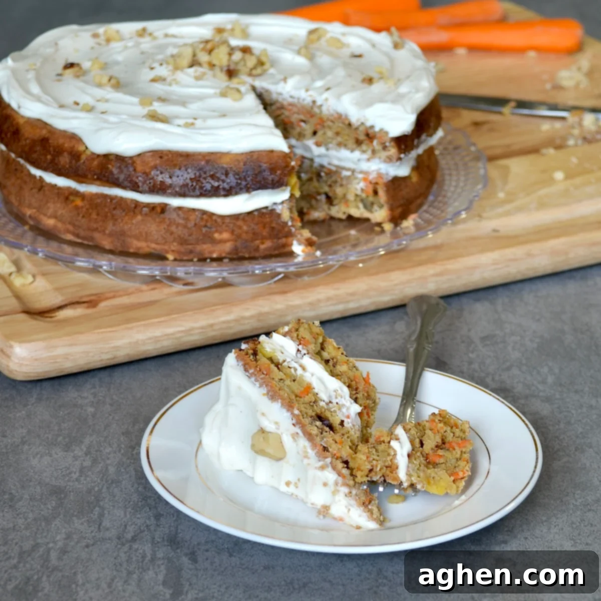 Carrot cake slice on a plate