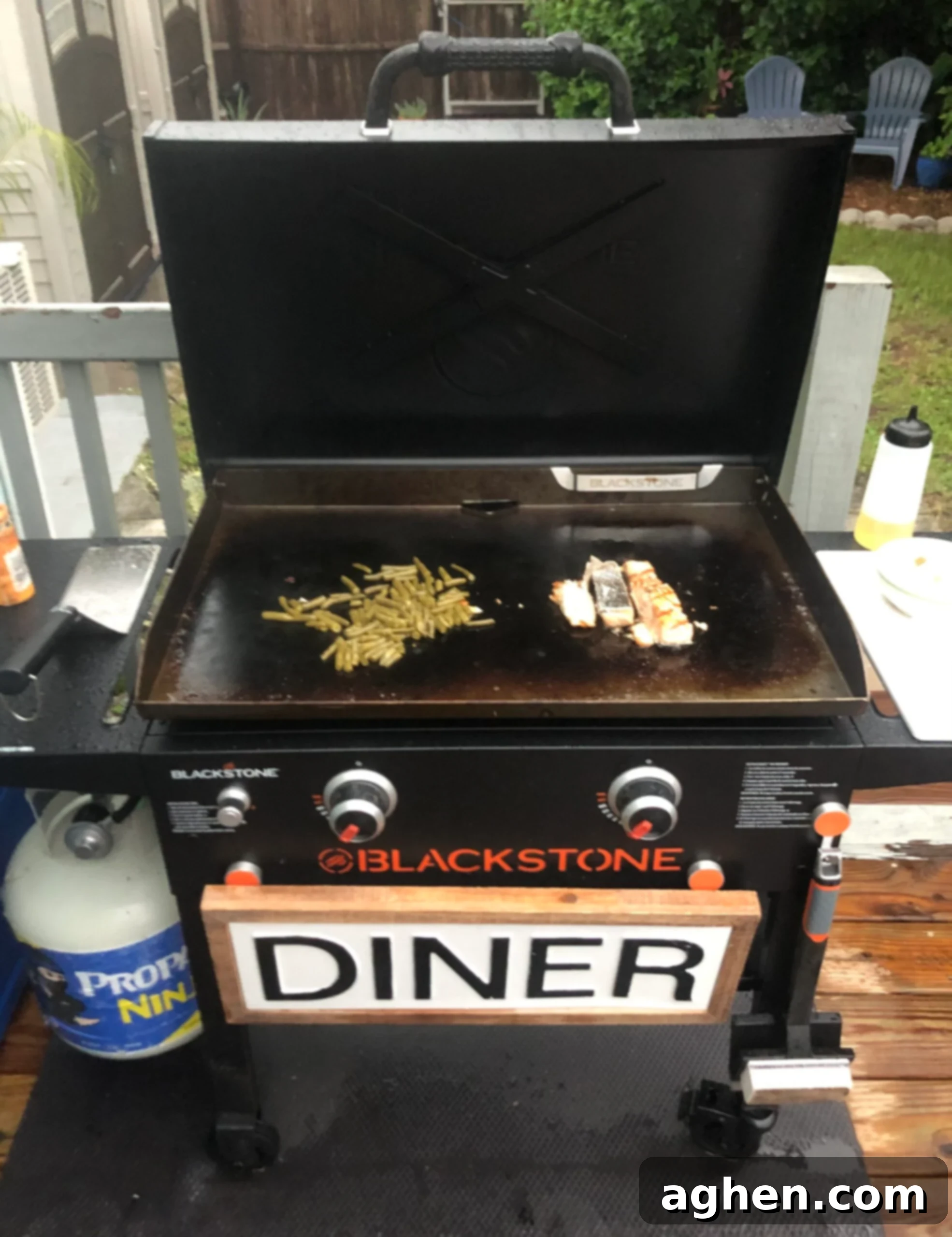 Your Blackstone Griddle The Ultimate Power Outage Partner 4 Salmon and Green Beans cooking on Blackstone Diner griddle