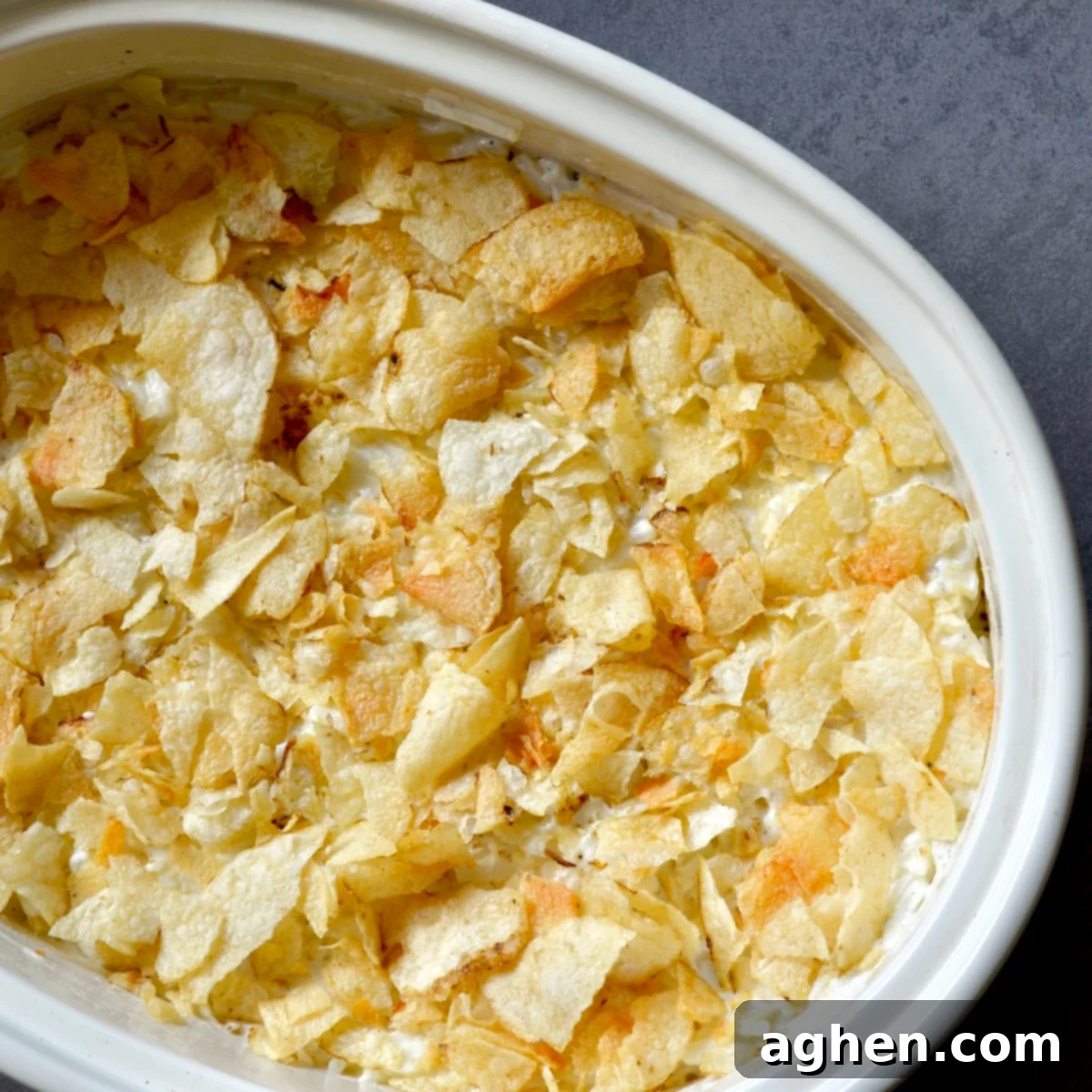 Paula Deen's Hash Brown Casserole: Easier Than You Think for Weight Watchers 5 Hash brown casserole with potato chips on top