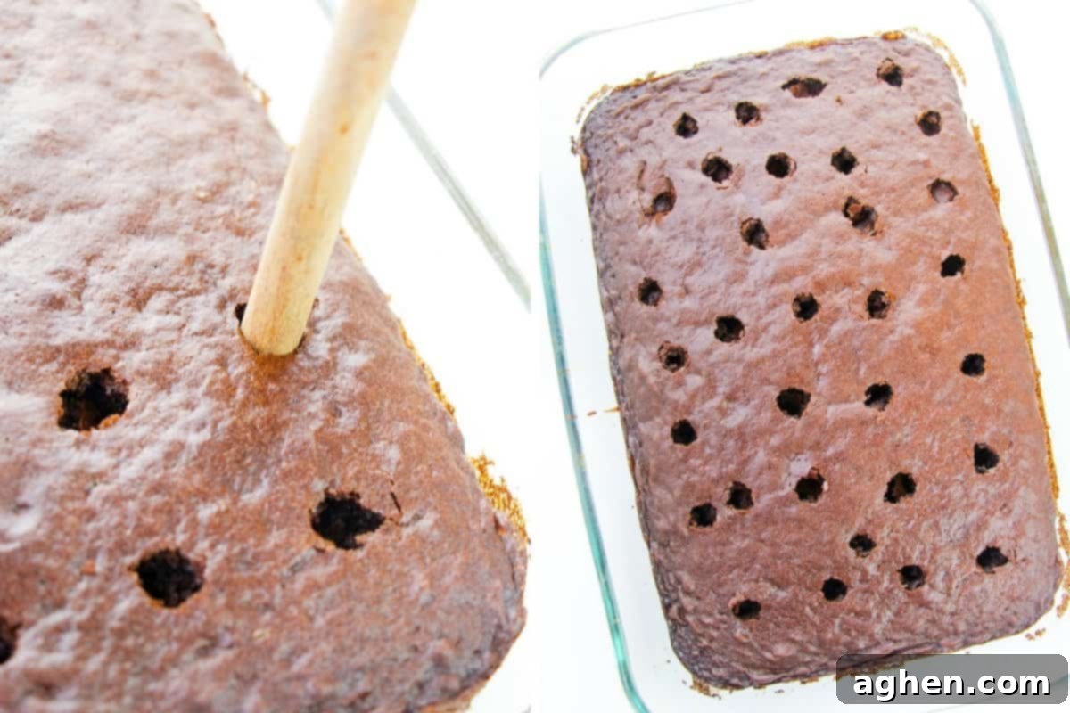 Image showing a wooden spoon handle poking holes into a freshly baked chocolate cake in a 9x13 pan, with a close-up of the holes.