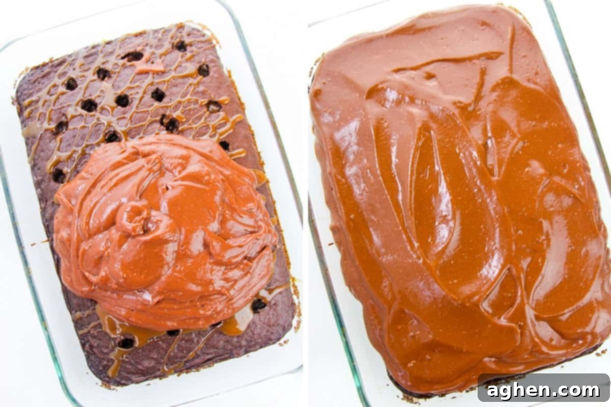 Chocolate cake in a 9x13 pan covered with an even layer of chocolate pudding, with some visible holes.