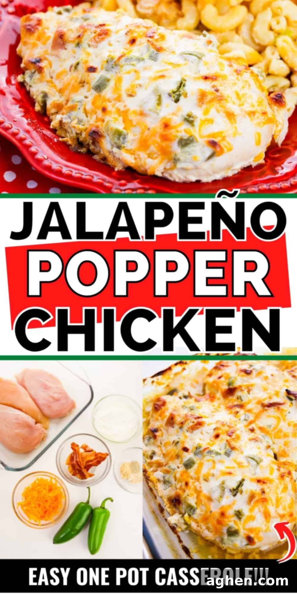 Pinterest image, reads: Jalapeno popper chicken, easy one pot casserole