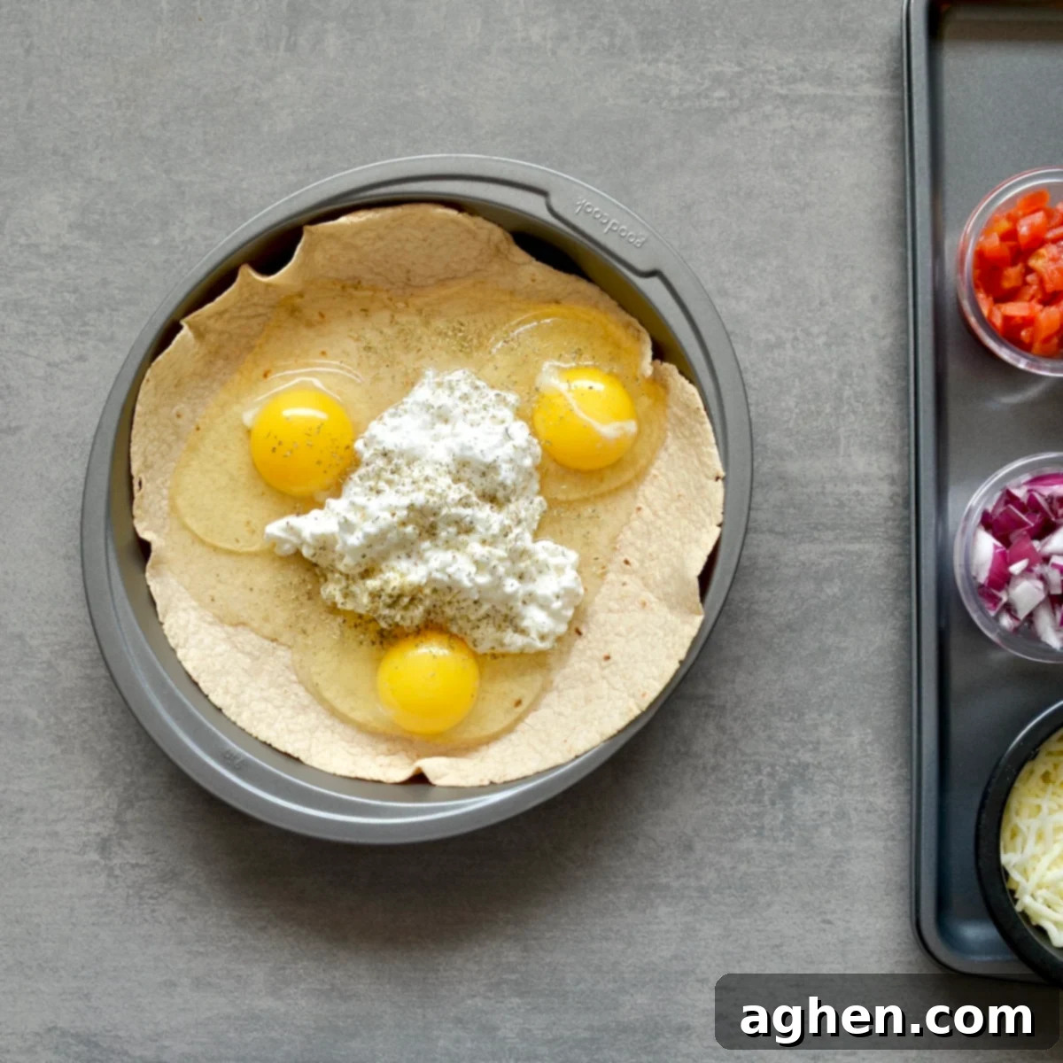 Skinny Tortilla Quiche Bake 4 Eggs and cottage cheese in a tortilla