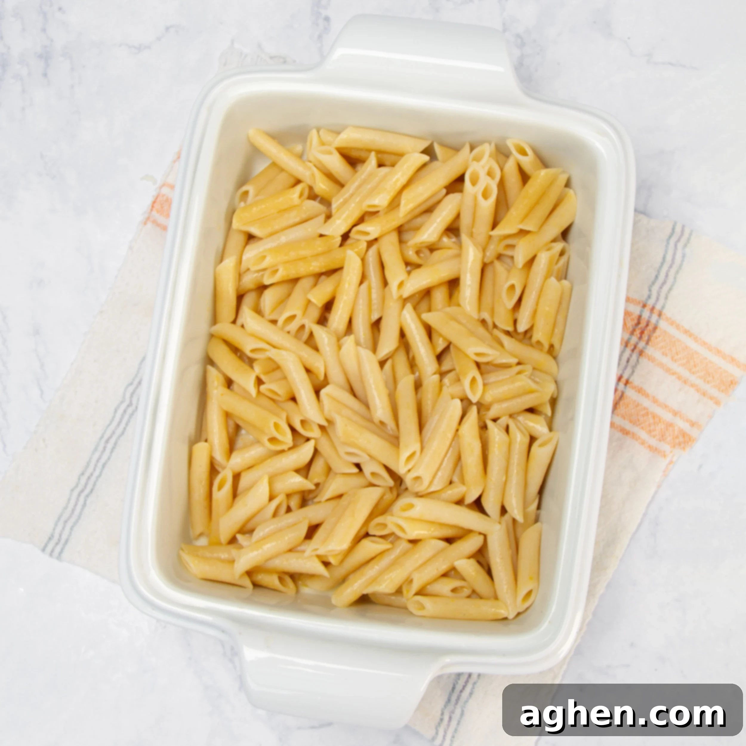 Chicken Bacon Alfredo Pasta Bake 4 Pasta base in the casserole dish.