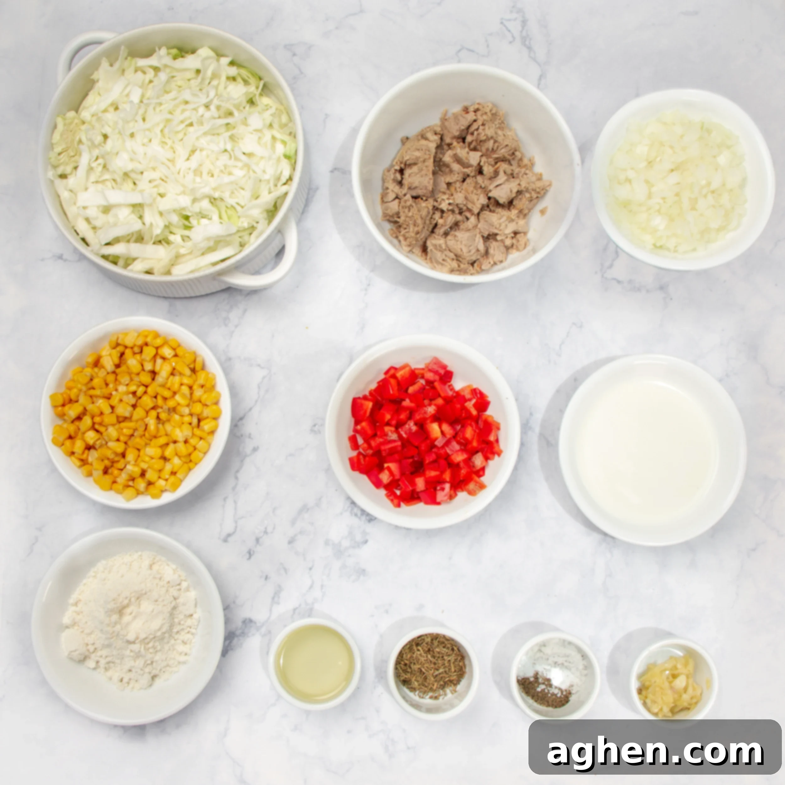 Healthy Weight Watchers Tuna Casserole 3 Weight Watchers Tuna Casserole ingredients laid out in separate dishes, ready for preparation.