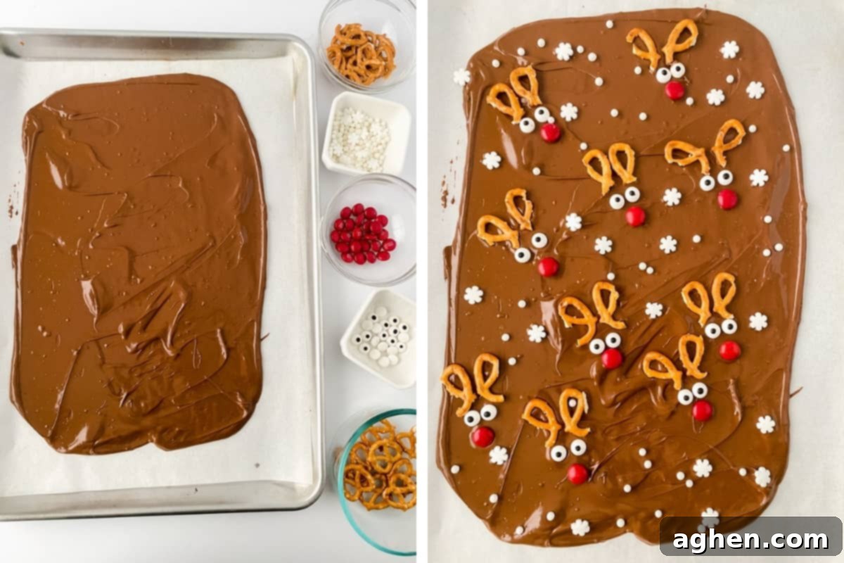 Two-image collage showing the process of making Reindeer Bark. On the left, melted chocolate is spread on a parchment-lined baking sheet with bowls of toppings. On the right, the chocolate is decorated with completed reindeer faces and snowflake sprinkles.