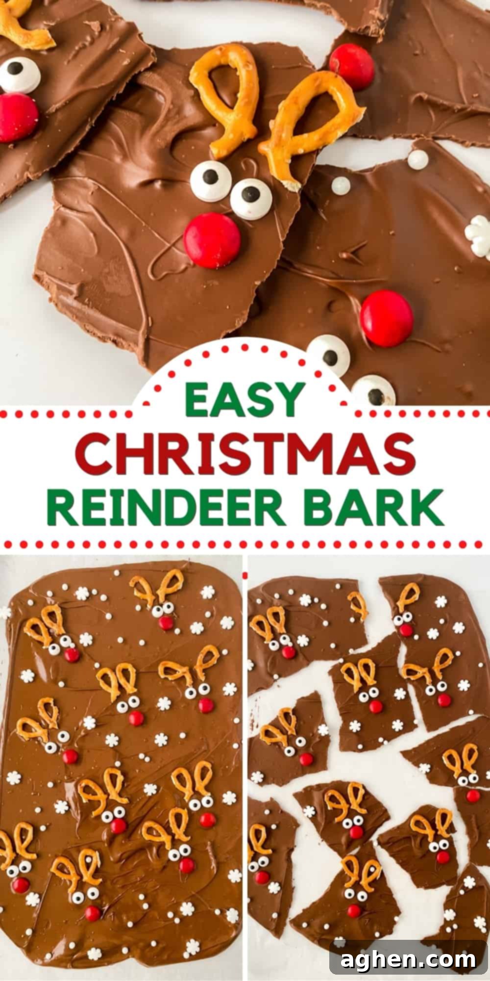Easy Christmas Reindeer Bark recipe pin image for Pinterest