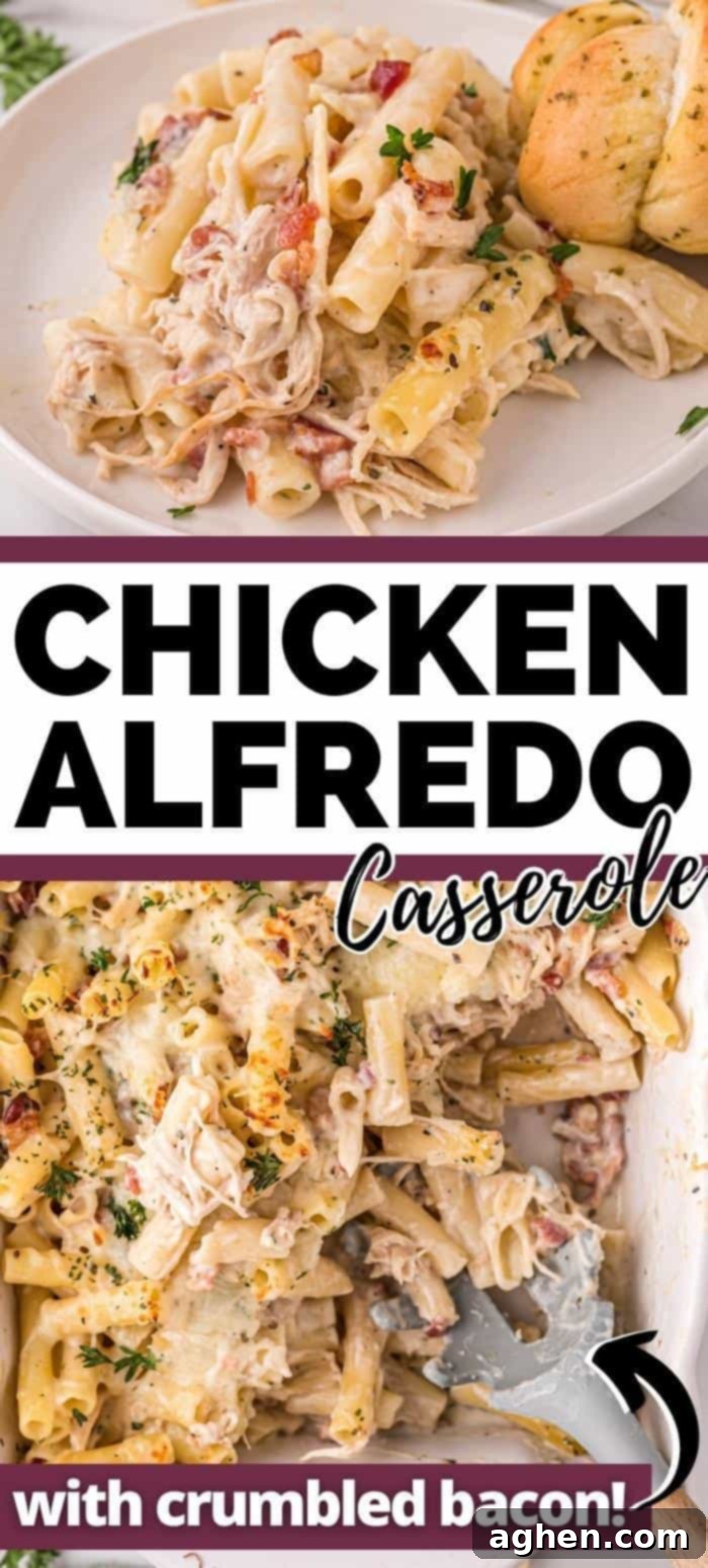 Chicken Alfredo Casserole with crumbled bacon