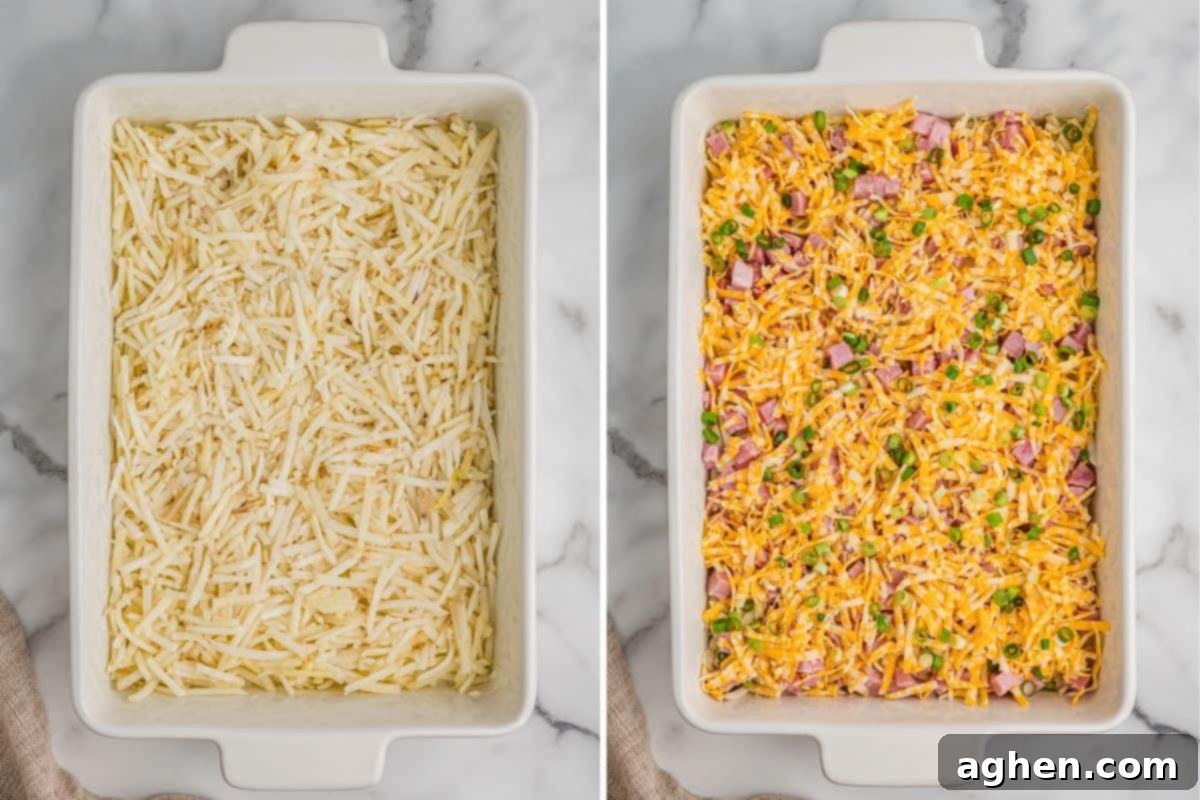 Two side-by-side photos of a white rectangular casserole dish; the left shows a layer of plain shredded hash browns, and the right shows the dish topped with shredded cheese, diced ham, and chopped green onions.
