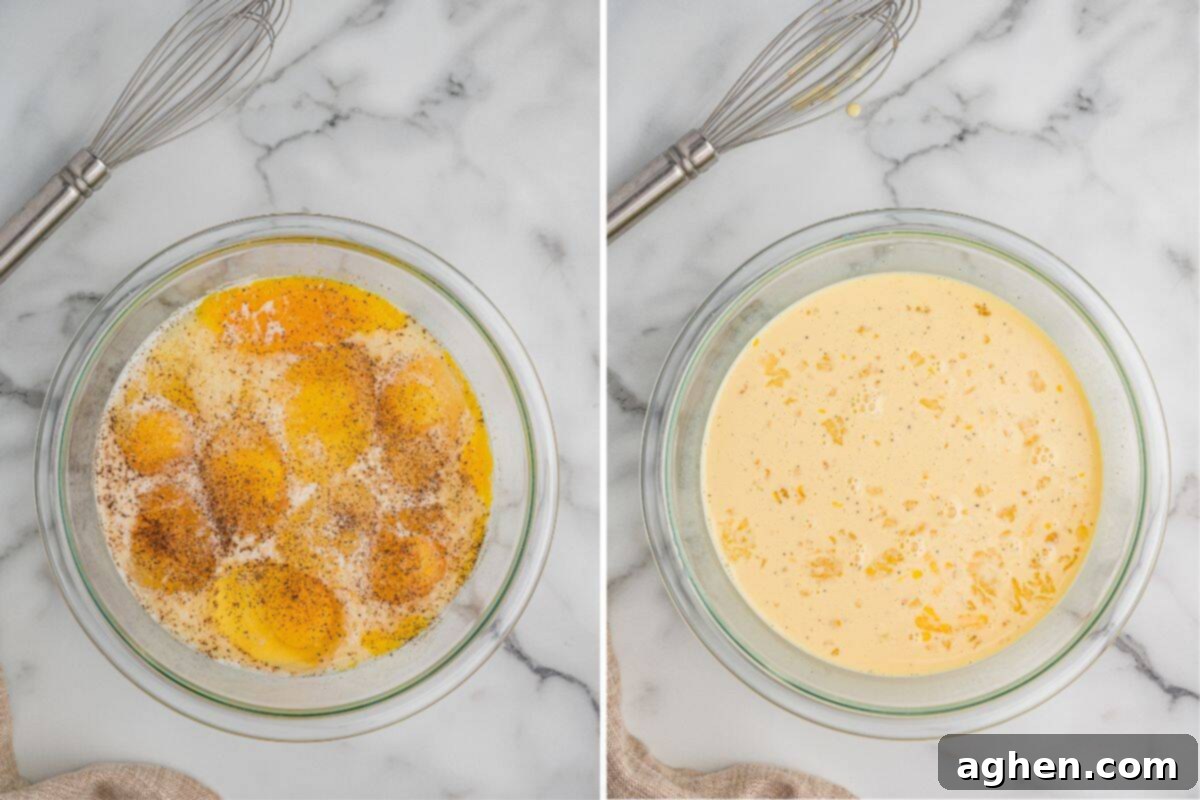 Side-by-side images of the egg mixture before and after whisking.