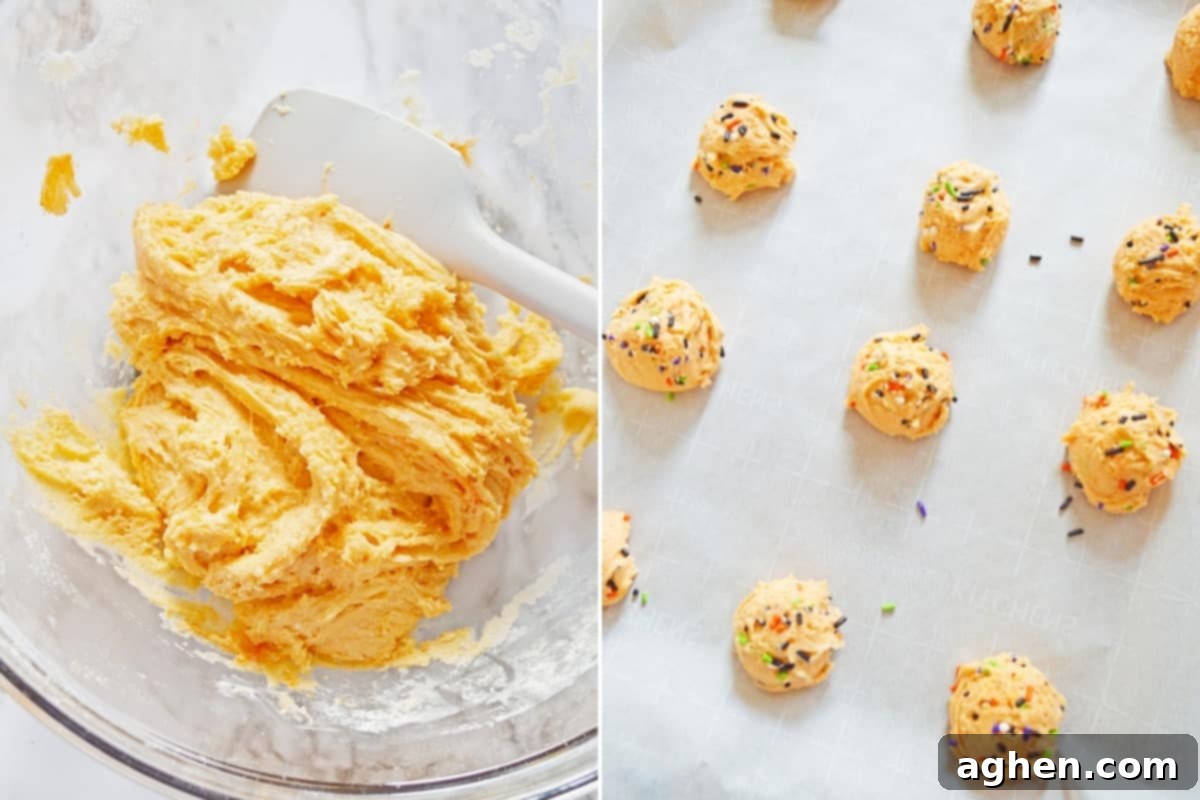 2 image collage. On left: orange cookie dough in ball with spoon. On right: dough is scooped into balls on parchment-lined cookie sheets and topped with colorful Halloween sprinkles.