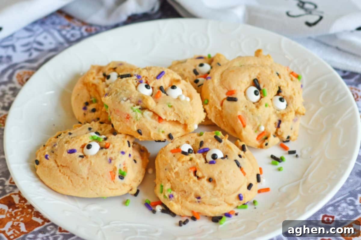 Orange cake mix cookies with Halloween sprinkles and eyeballs piled on a white plate