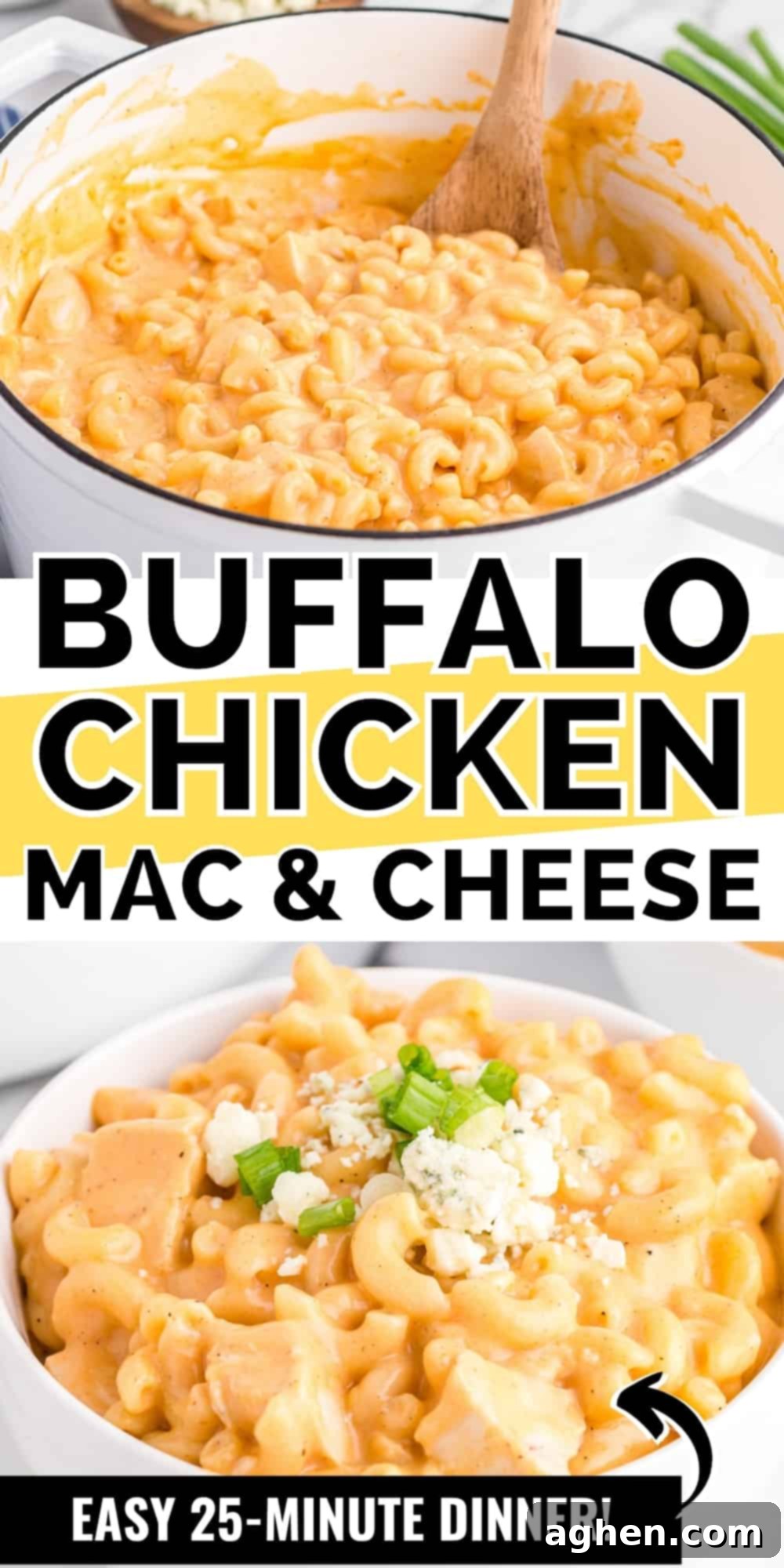 Pinterest image, reads: Buffalo Chicken Mac and Cheese, Easy 25-minute Dinner