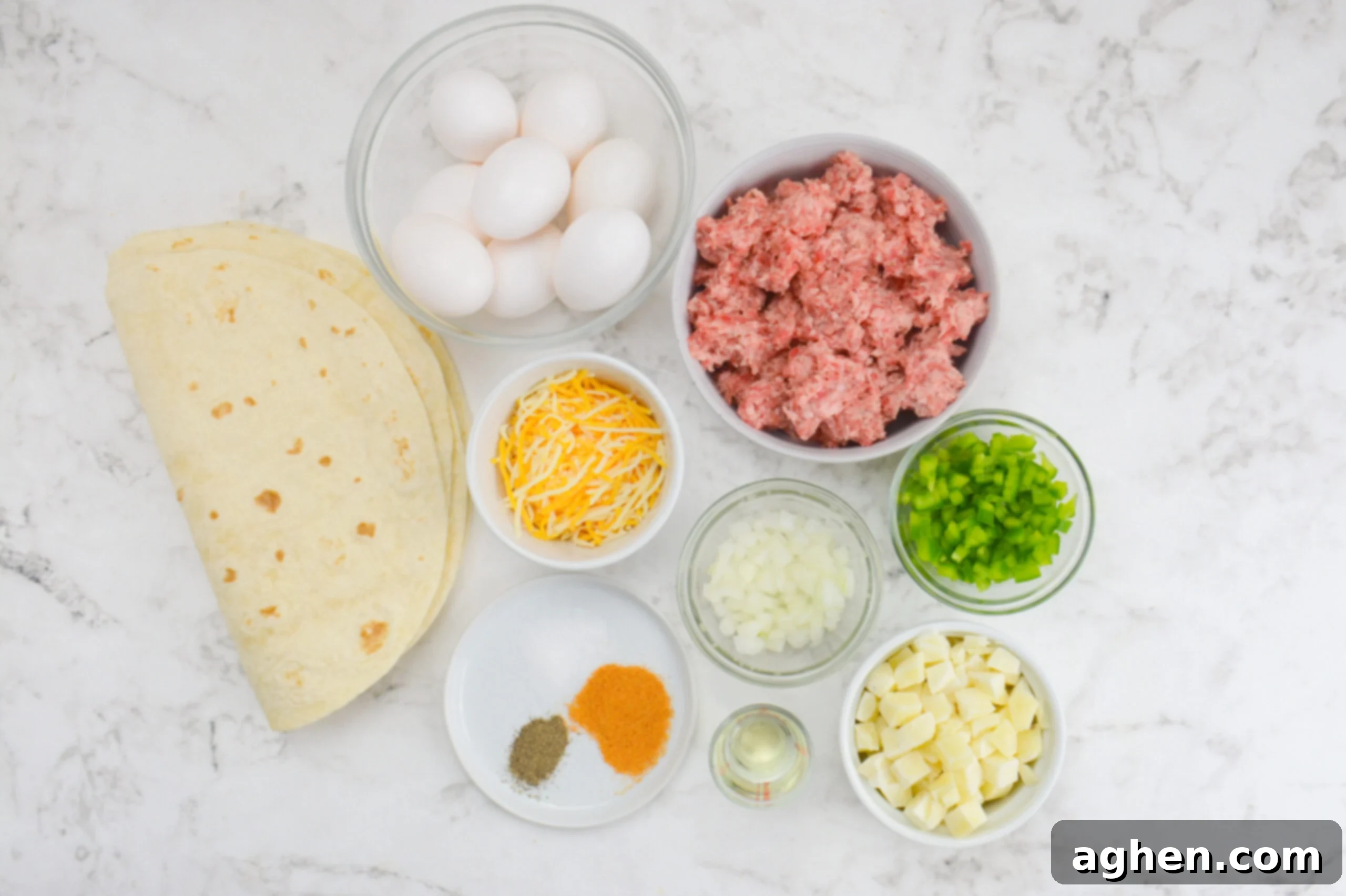 The ingredients to make the recipe are shown in various sized bowls. 