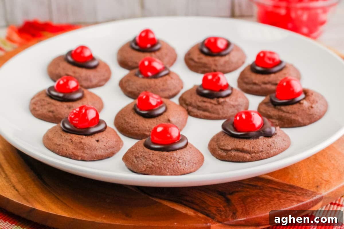Chocolate cherry thumbprint cookies with maraschino cherries