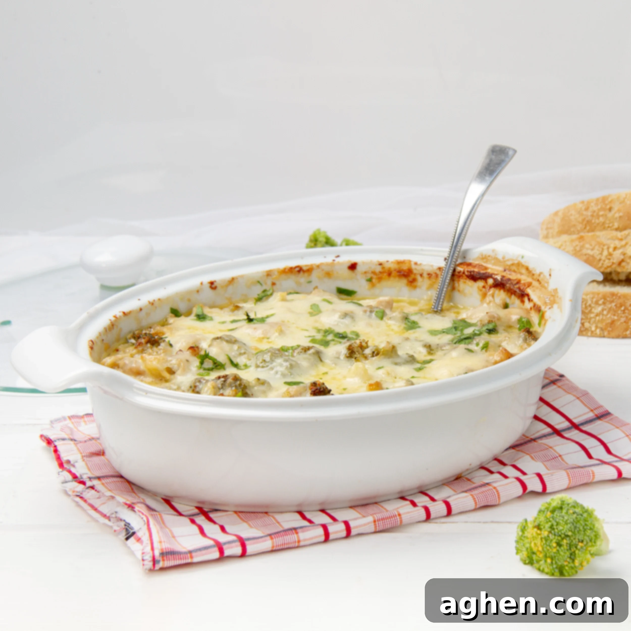 Creamy Chicken Broccoli Casserole in a baking dish, ready to serve.