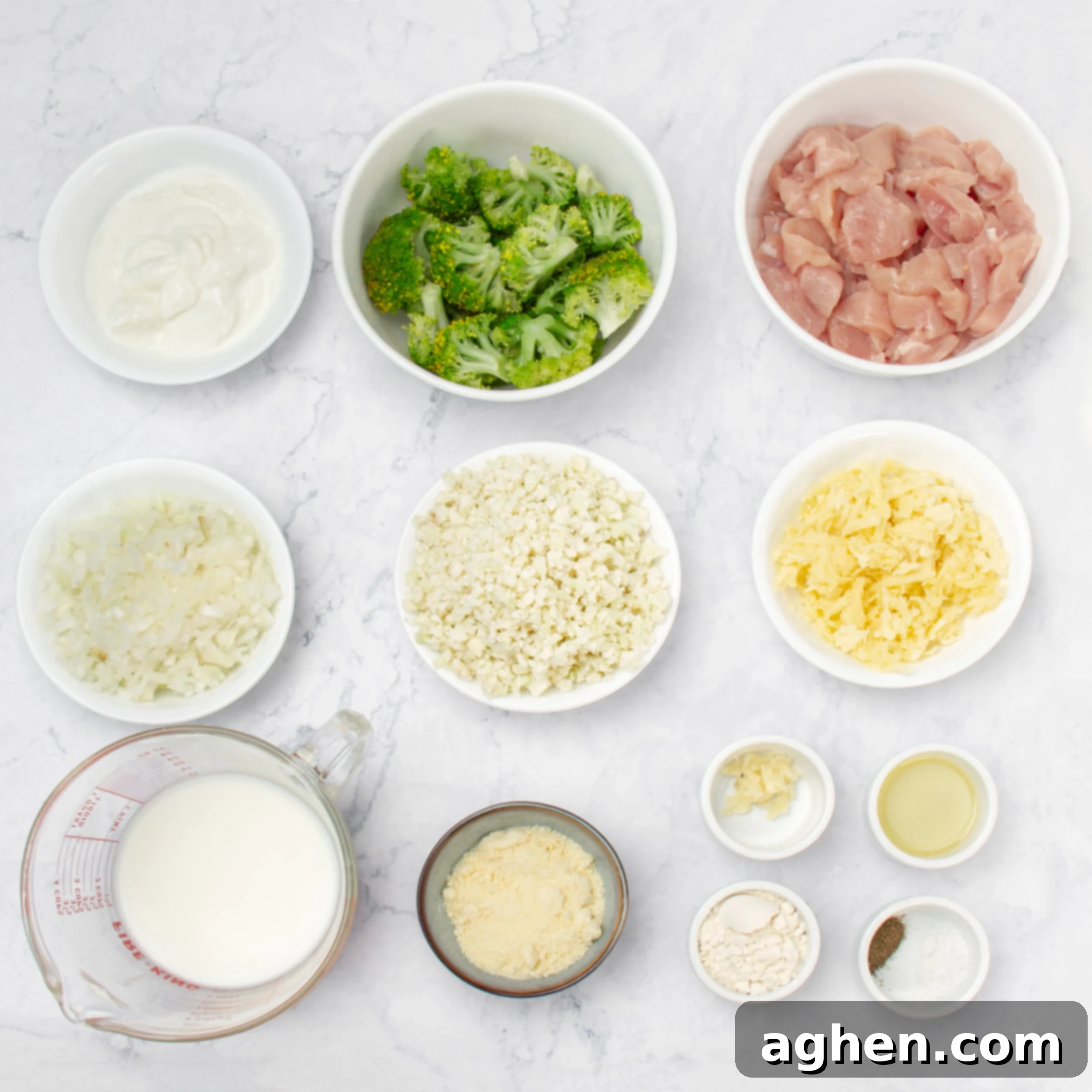 Chicken Broccoli Rice Casserole ingredients laid out in separate dishes.