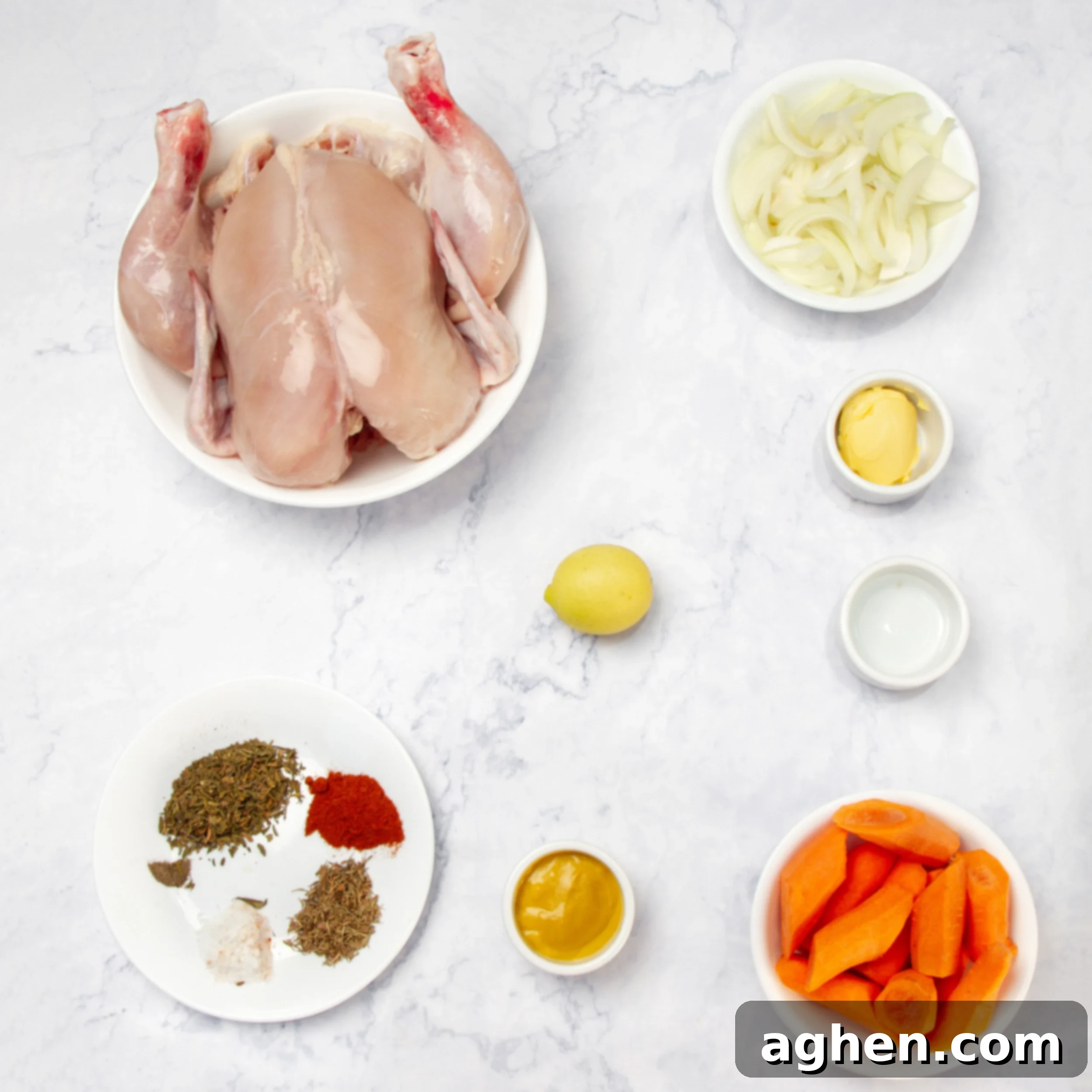 Easy Slow Cooker Whole Chicken 3 Slow cooker whole chicken ingredients in separate dishes on a counter.
