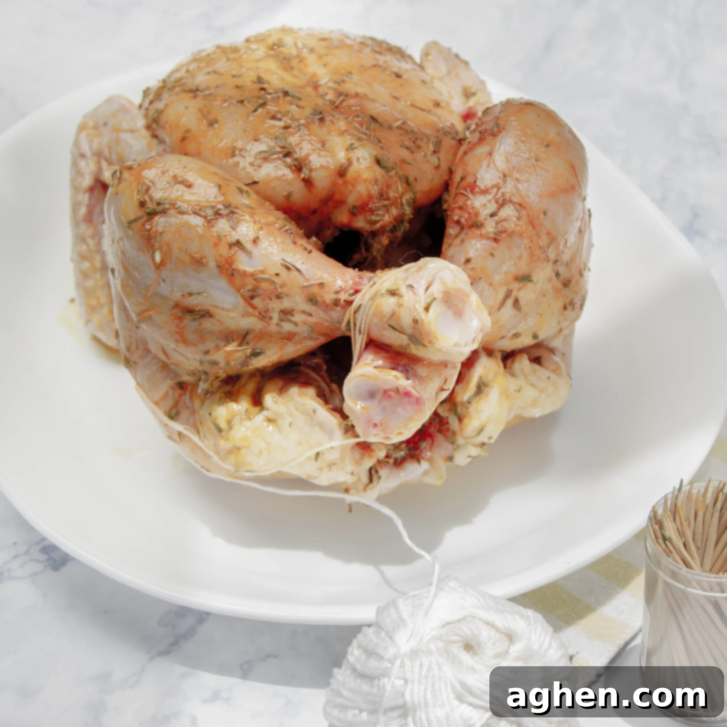 Easy Slow Cooker Whole Chicken 6 Seasoned chicken tied up and ready for the slow cooker.