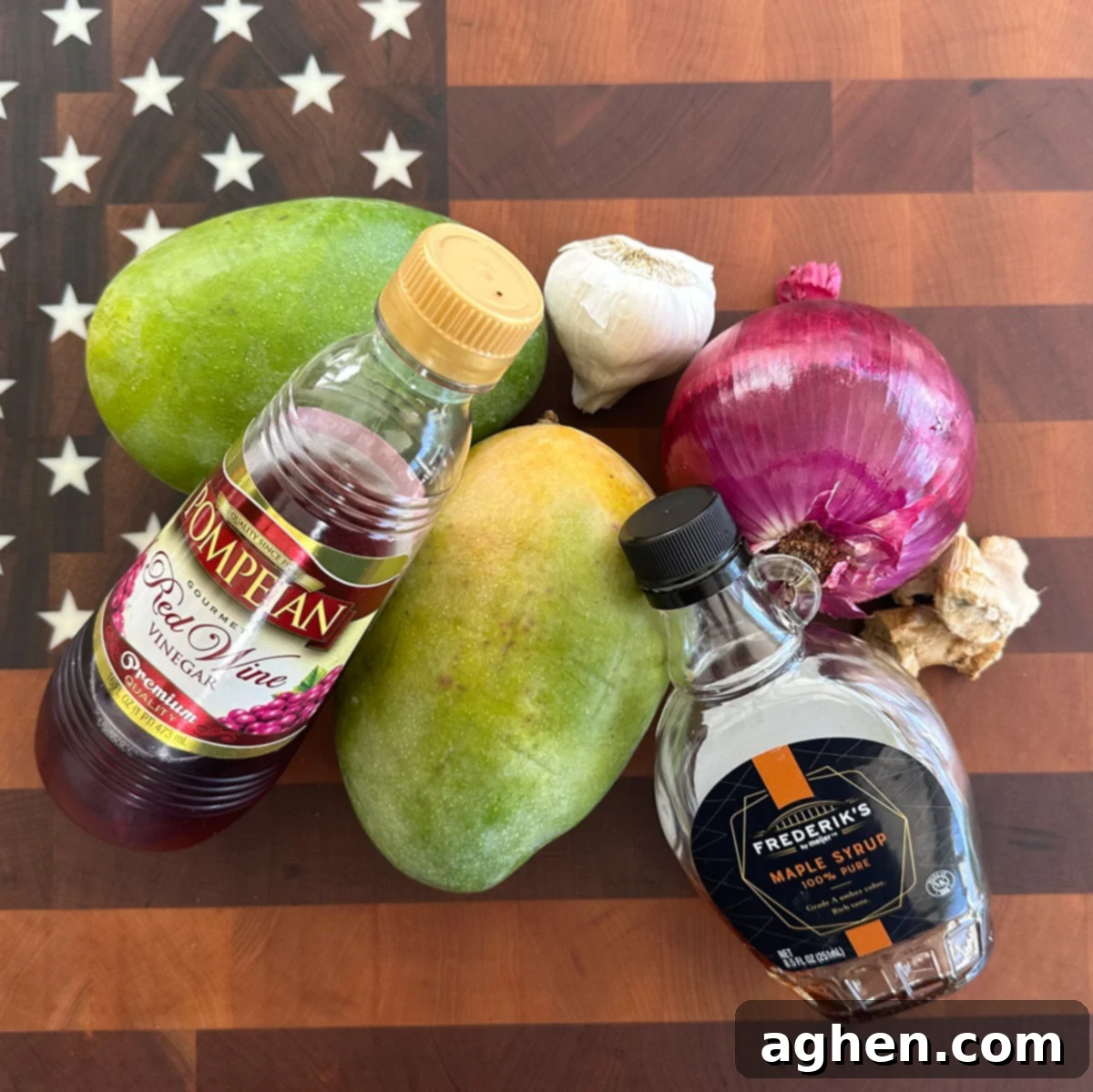 Ingredients for Smoked Mango Chutney laid out on a cutting board