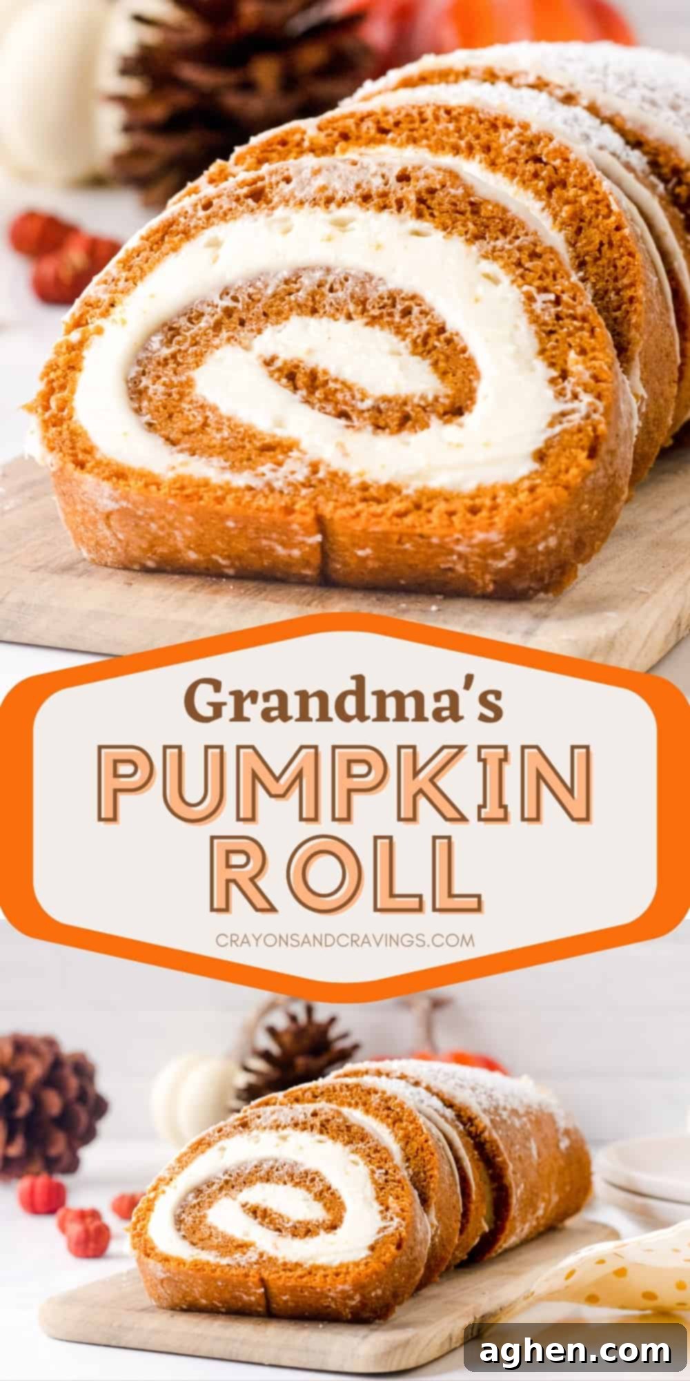 Autumn Pumpkin Cream Cheese Roll 16 Pinterest image for Pumpkin Roll Cake recipe featuring text 'Grandma's Pumpkin Roll' and a finished cake.