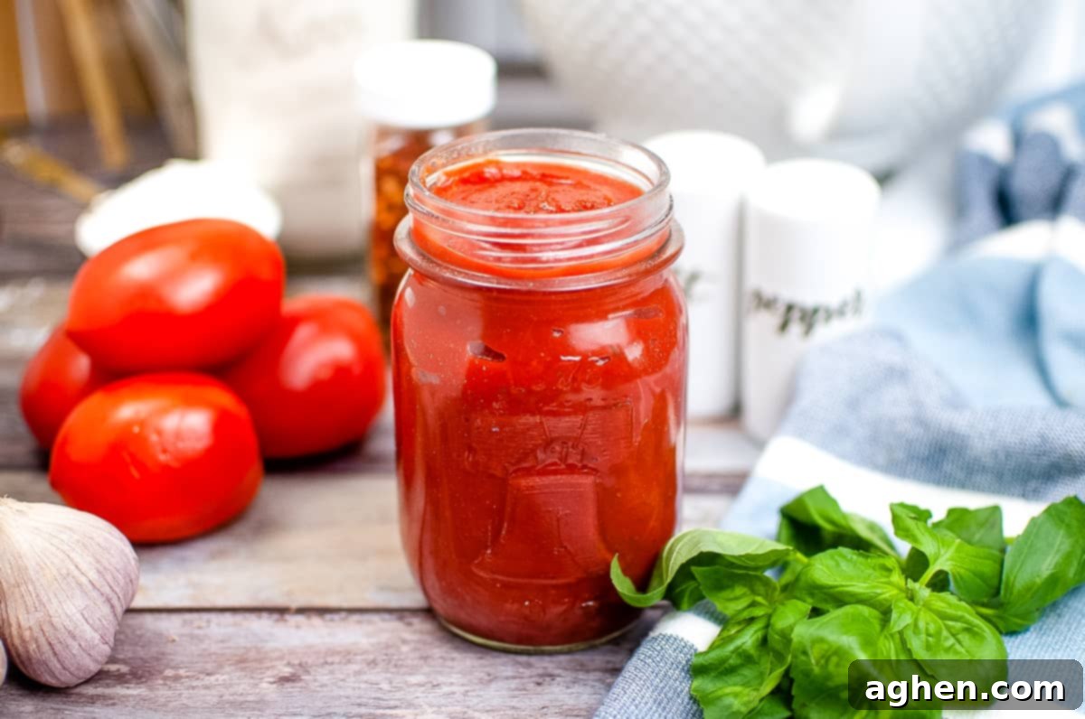 Easy homemade pizza sauce made from tomato paste in a glass mason jar with tomatoes, garlic, salt and pepper, and basil in the background.