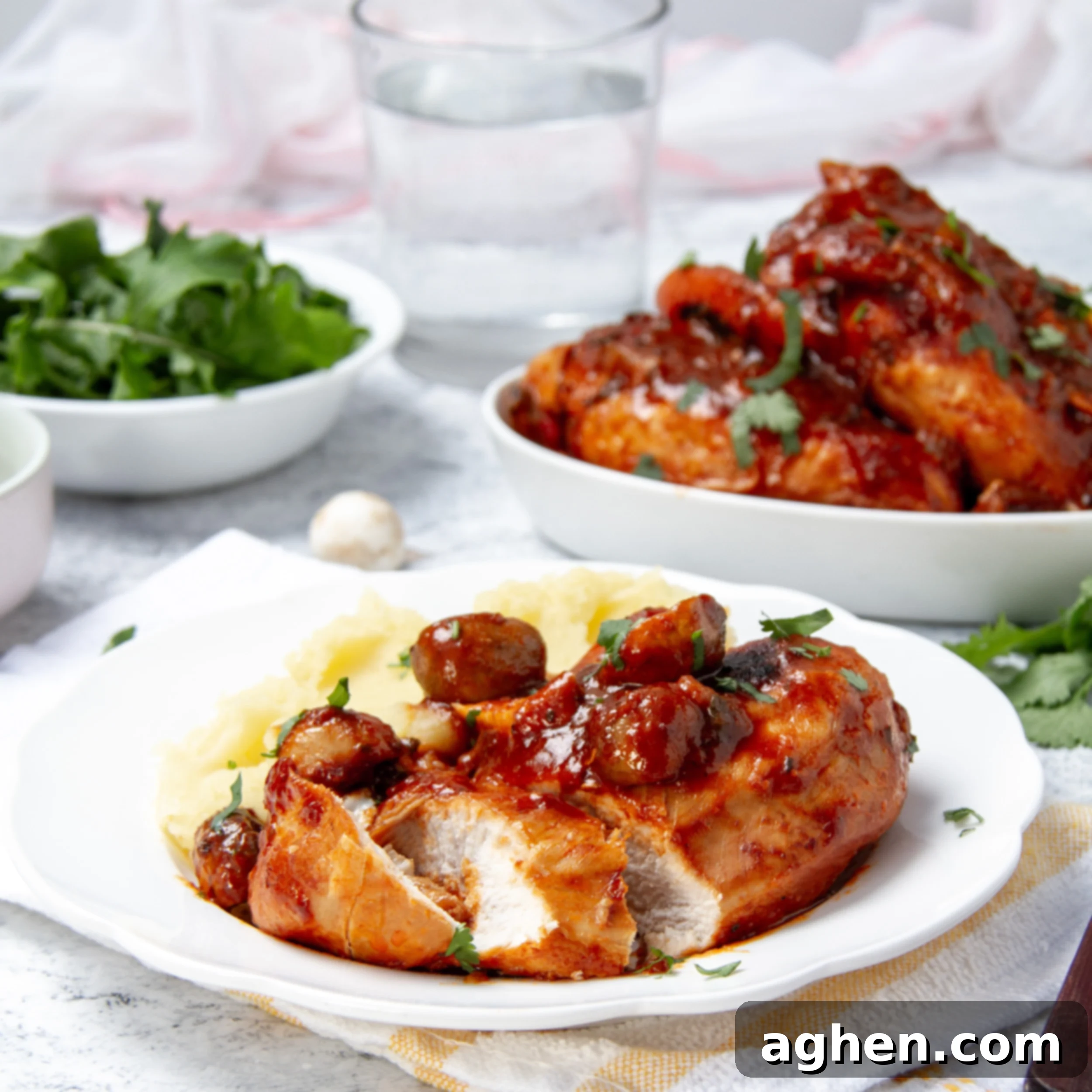 Rustic Chicken Chasseur served on a plate with the remaining chicken in a serving platter in the background.
