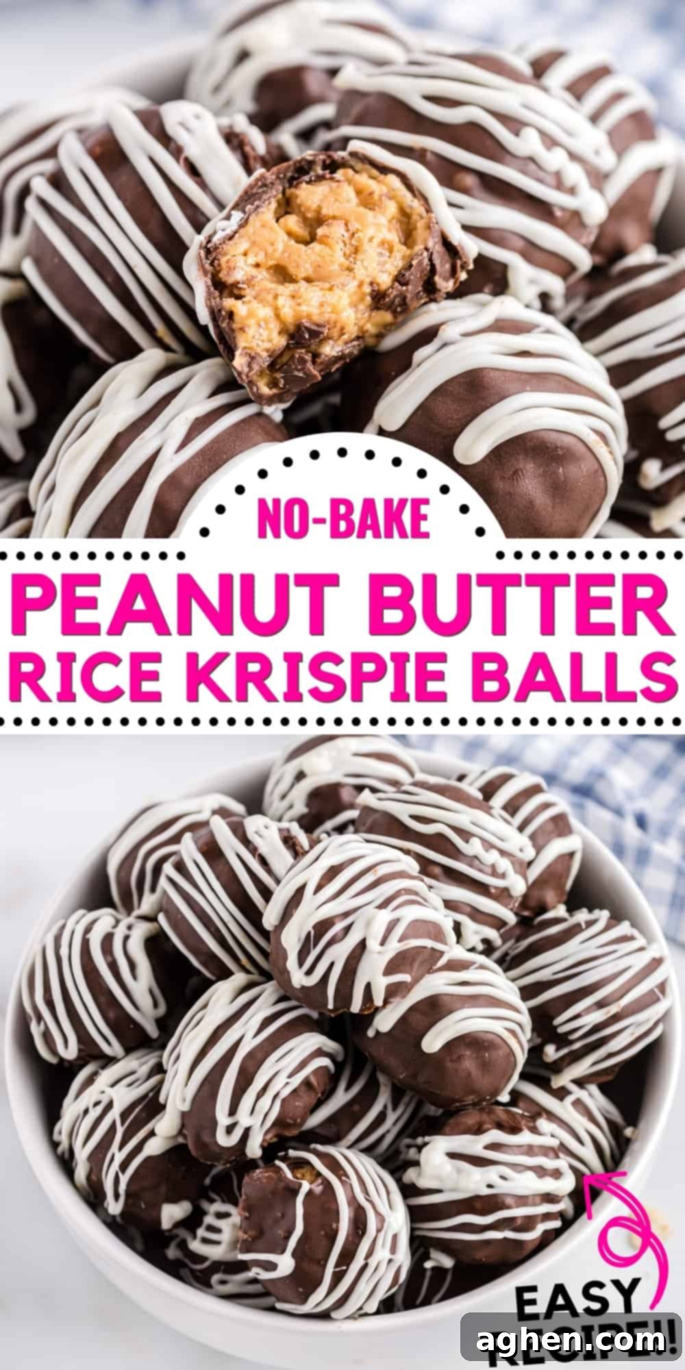 No-Bake Peanut Butter Crunch Bites 13 2-image collage for pinterest. Text reads: No Bake Peanut Butter Rice Krispies Balls, easy recipe!