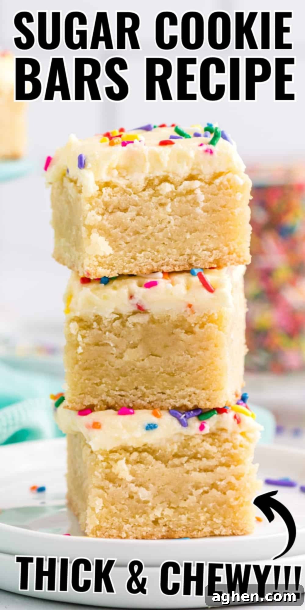 Tender Frosted Sugar Cookie Bars 13 Three thick sugar cookie bars with frosting stacked on a white plate. Reads: Sugar cookie bars recipe, thick and chewy