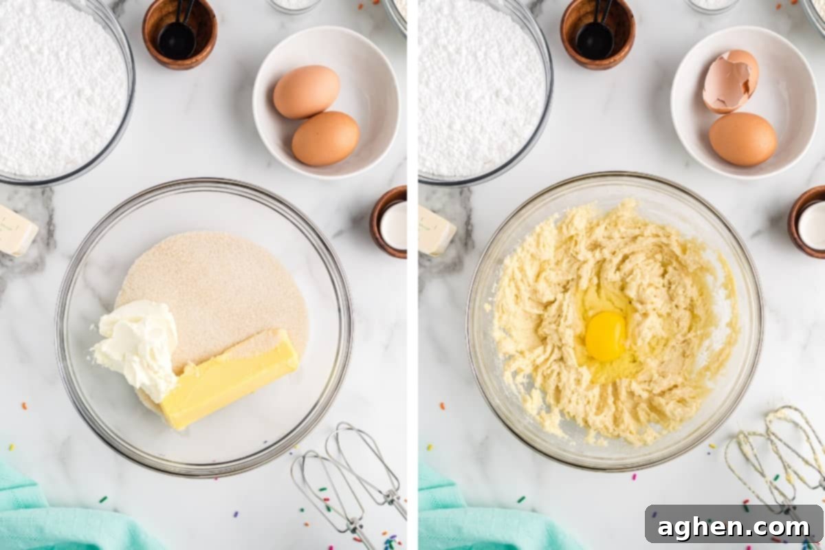 Tender Frosted Sugar Cookie Bars 6 A two-image collage showing the initial steps of making sugar cookie bars. On the left, a large mixing bowl contains softened butter, shortening, and granulated sugar. On the right, the wet mixture is shown after an egg has been incorporated, appearing slightly creamy.