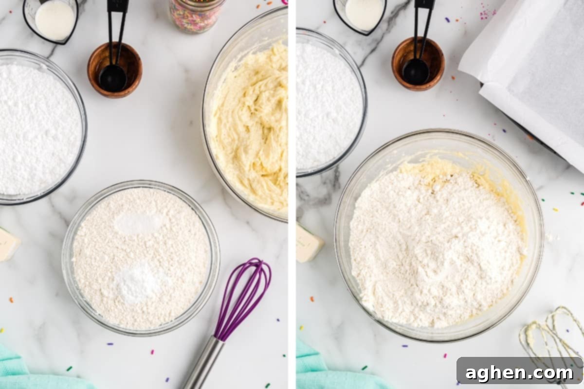 Tender Frosted Sugar Cookie Bars 7 A two-image collage demonstrating the dry and wet ingredient combination for sugar cookie bars. On the left, powdered sugar, salt, and baking powder are in a small mixing bowl with a whisk. On the right, dry ingredients have been added on top of the wet ingredients in a large glass mixing bowl, ready for mixing.