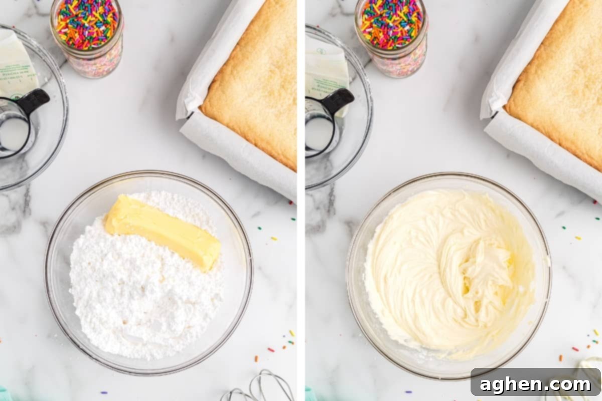 Tender Frosted Sugar Cookie Bars 8 A two-image collage showing the making of vanilla buttercream frosting. On the left, powdered sugar and a stick of butter are in a mixing bowl. On the right, a close-up of beautifully creamy, whipped vanilla buttercream frosting.