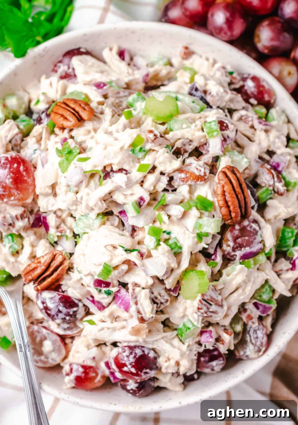 Overhead image of chicken salad with grapes, pecans, celery, onions, and parsley in a large white bowl with fresh red grapes in the background.