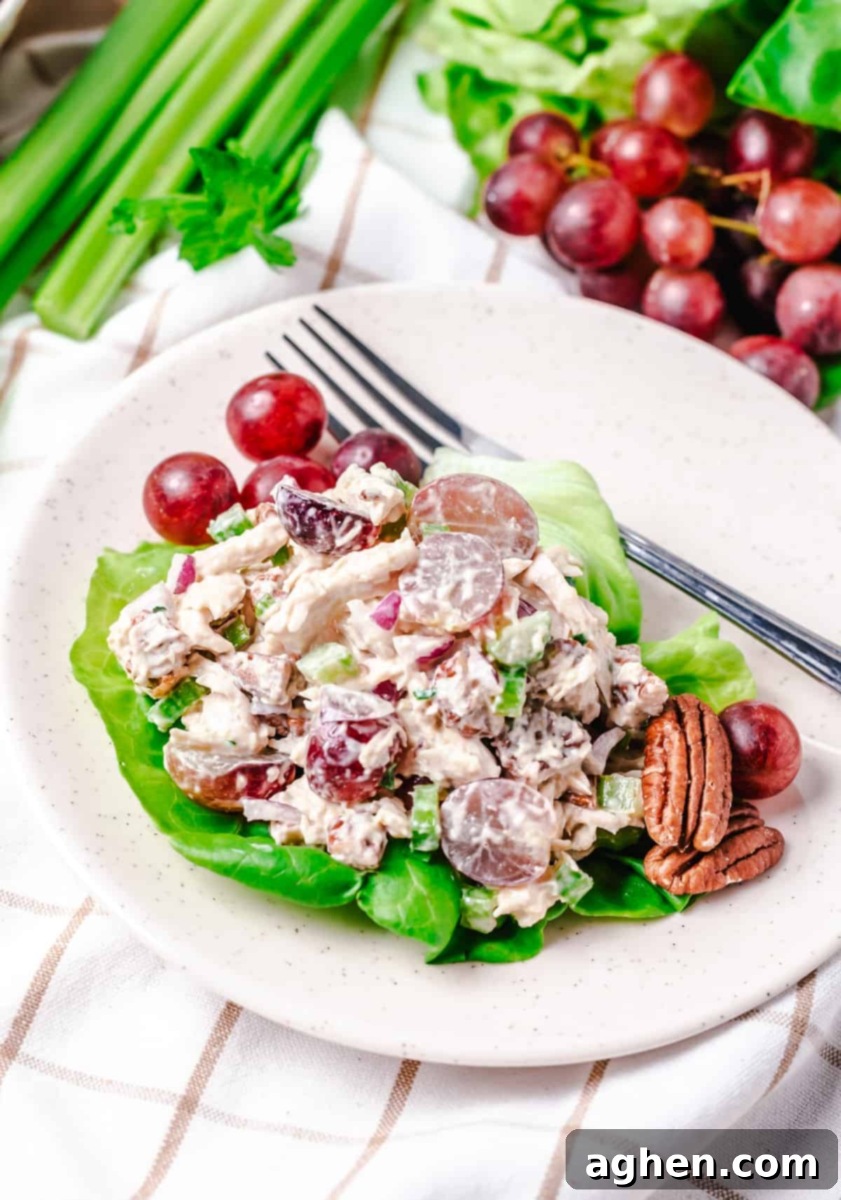 chicken grape pecan salad on bed of lettuce with halved pecans and fresh grapes for garnish