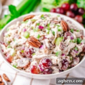 Chicken grape and pecan salad in a white bowl with fresh red grapes, celery, and lettuce behind it