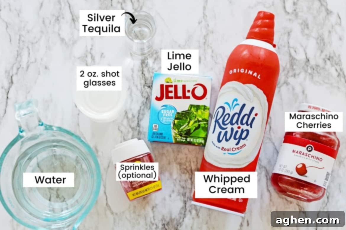 Bowl of water, plastic shot cups, silver tequila, lime jello mix, whipped cream, red sprinkles (optional), and jar of maraschino cherries