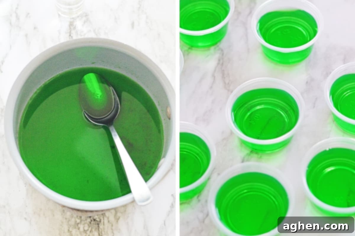 2 image collage: on left, bowl of green jello mixture, on right: green jello shots in plastic cups